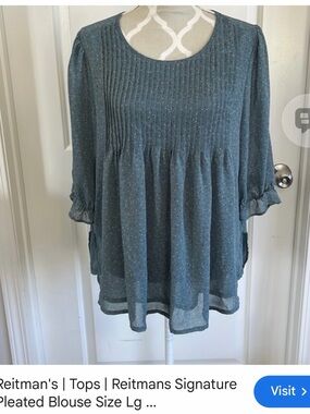 Reitmans Sage Blue Green Pintuck Peplum Blouse with Dot Print